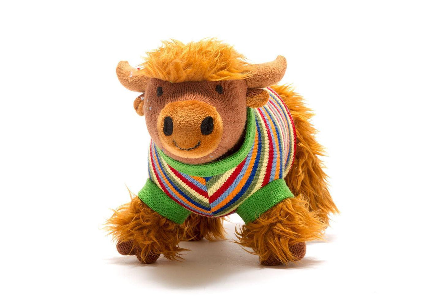 KNITTED HIGHLAND COW SOFT TOY WITH STRIPE JUMPER