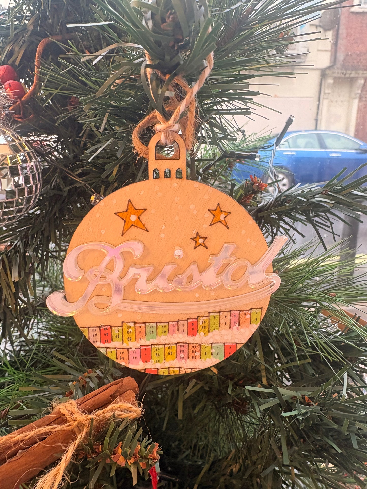 Hand painted wooden Bristol baubles
