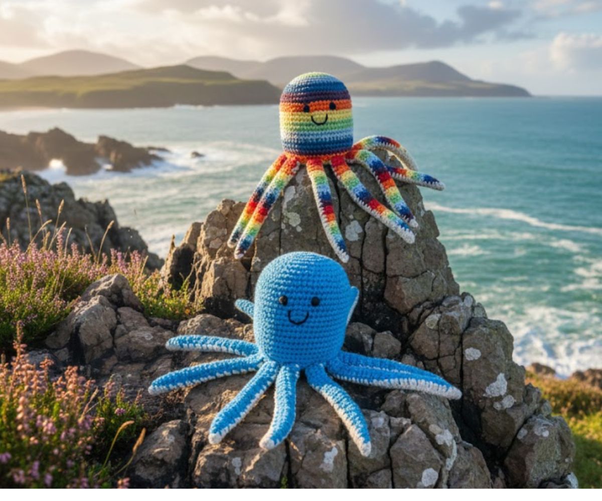 CROCHET OCTOPUS BABY RATTLE IN BRIGHT STRIPE, FAIR TRADE ORGANIC COTTON