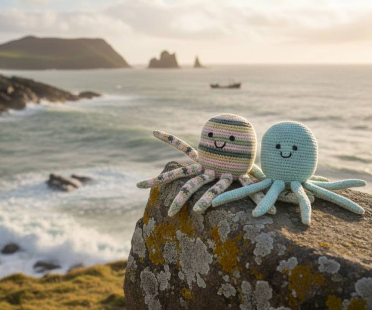 CROCHET OCTOPUS BABY RATTLE IN PASTEL STRIPE, FAIR TRADE ORGANIC COTTON