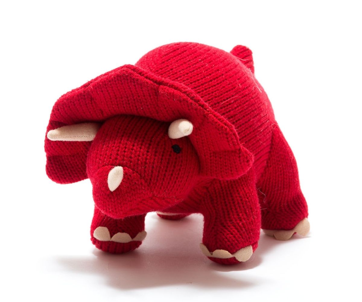 TRICERATOPS KNITTED DINOSAUR SOFT TOY RED