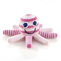 FAIR TRADE CROCHET COTTON OCTOPUS BABY RATTLE IN PALE PINK STRIPE