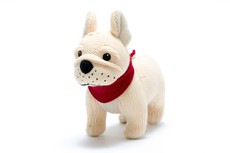 BEST YEARS KNITTED FRENCH BULLDOG BABY RATTLE, SUITABLE FROM BIRTH
