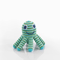 FAIR TRADE CROCHET COTTON OCTOPUS BABY RATTLE IN GREEN AND BLUE STRIPE