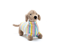 BEST YEARS KNITTED SAUSAGE DOG RATTLE IN PASTEL JUMPER