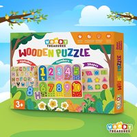 Woody Treasures Wooden Puzzles - 3-Piece Set Educational Toys for Toddlers 3 Years & Up - ABC Puzzle Includes Alphabet, Numbers & Shapes - Colourful and Fun Toys for Boys & Girls
