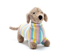 KNITTED SAUSAGE DOG SOFT TOY IN PASTEL JUMPER