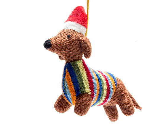 KNITTED SAUSAGE DOG XMAS DEC BRIGHT STRIPE JUMPER