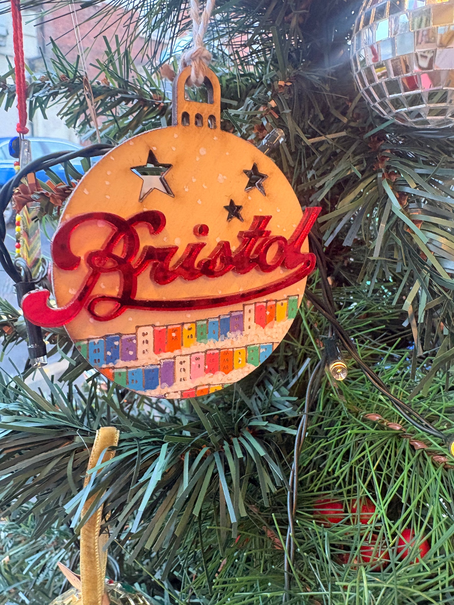 Hand painted wooden Bristol baubles