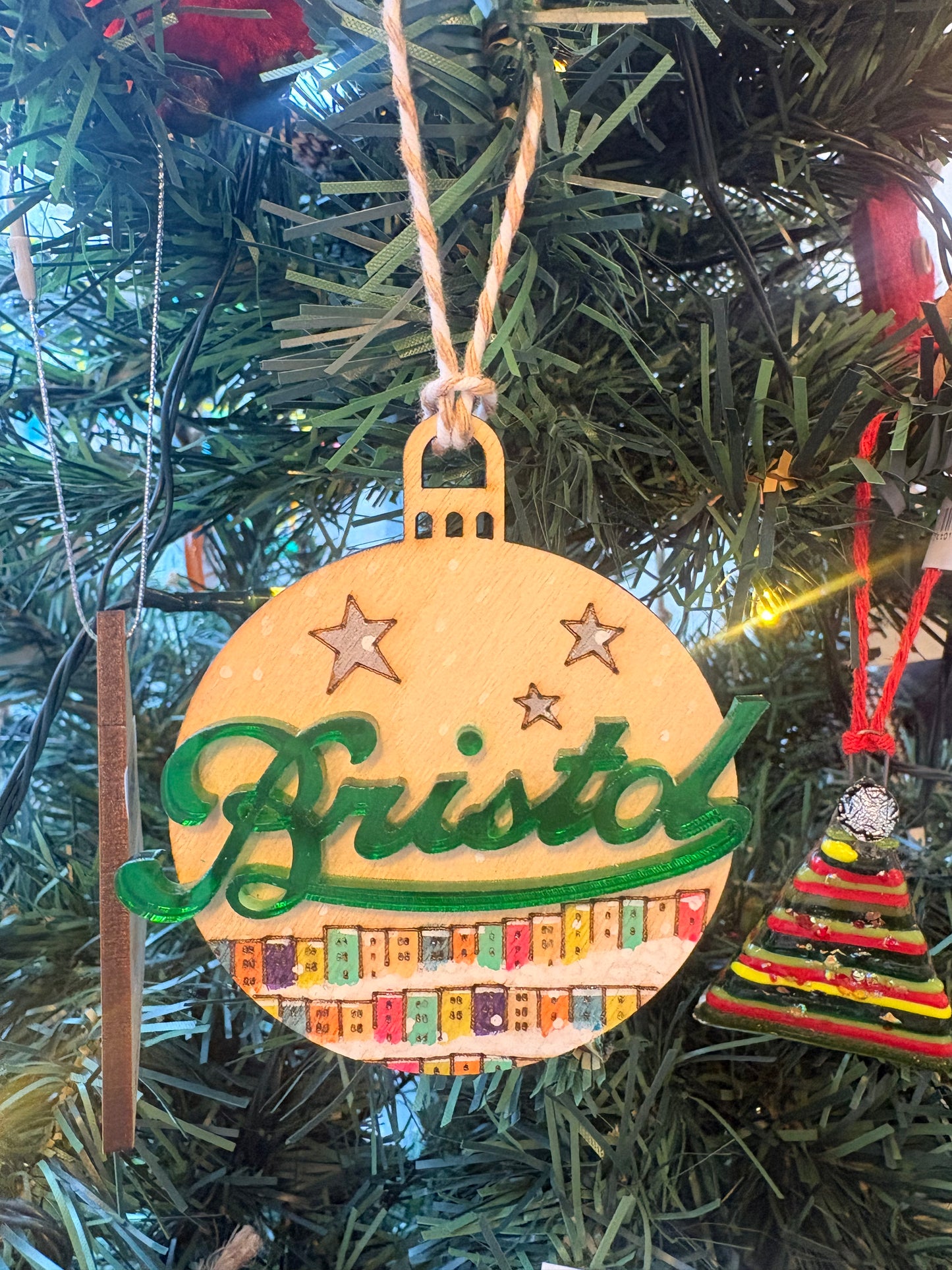 Hand painted wooden Bristol baubles