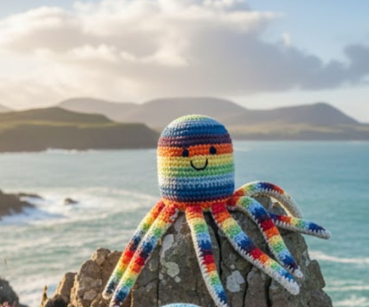 CROCHET OCTOPUS BABY RATTLE IN BRIGHT STRIPE, FAIR TRADE ORGANIC COTTON