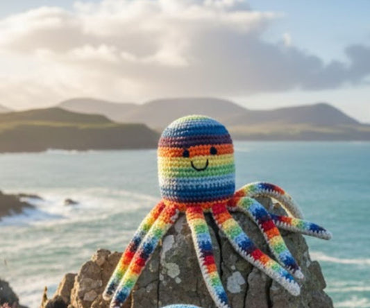 CROCHET OCTOPUS BABY RATTLE IN BRIGHT STRIPE, FAIR TRADE ORGANIC COTTON