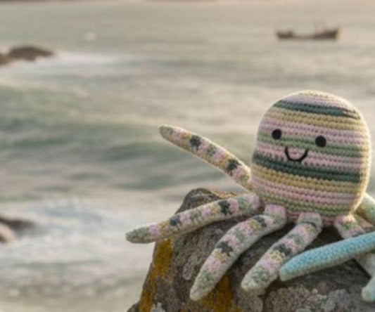 CROCHET OCTOPUS BABY RATTLE IN PASTEL STRIPE, FAIR TRADE ORGANIC COTTON
