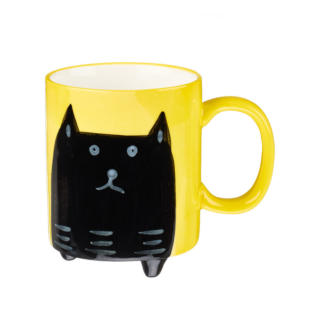Other Lovely Things Hand painted yellow mug with black cat