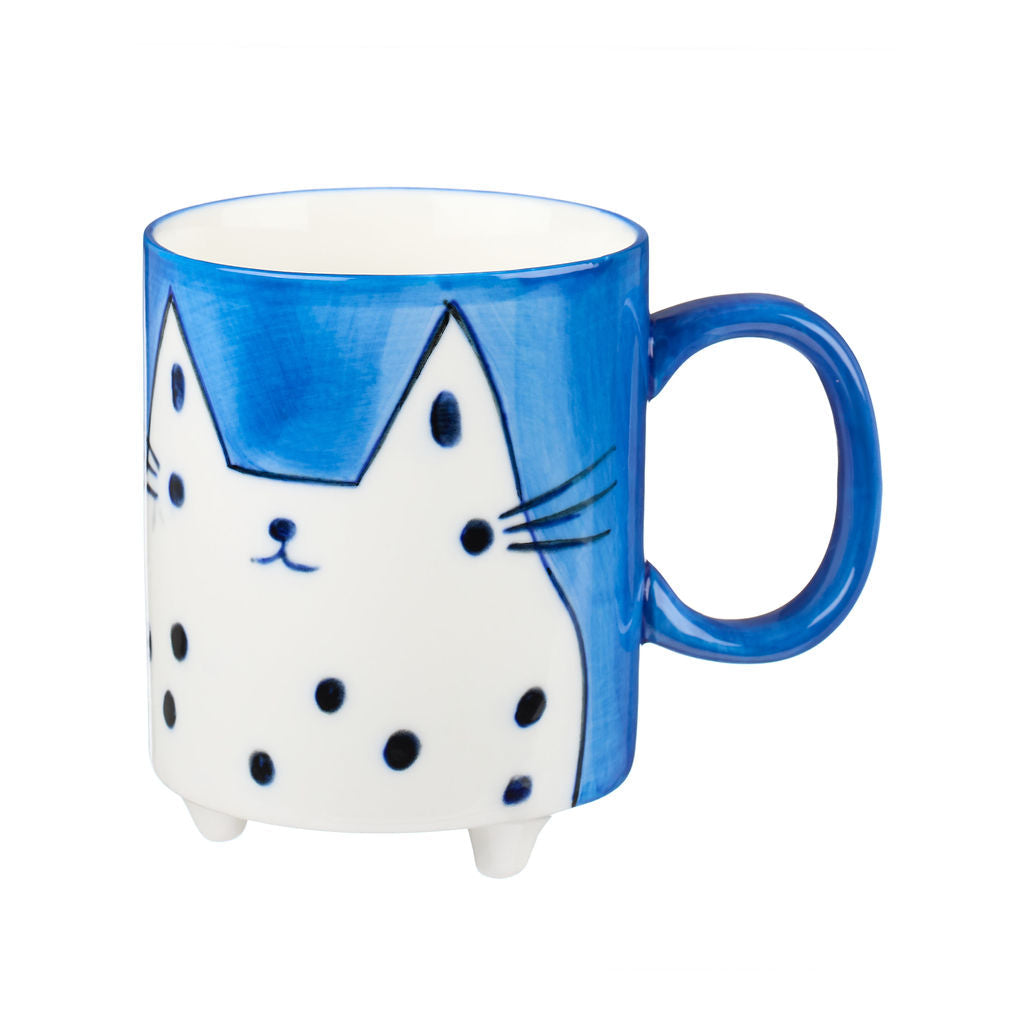 Other Lovely Things Hand painted blue mug with cat illustration