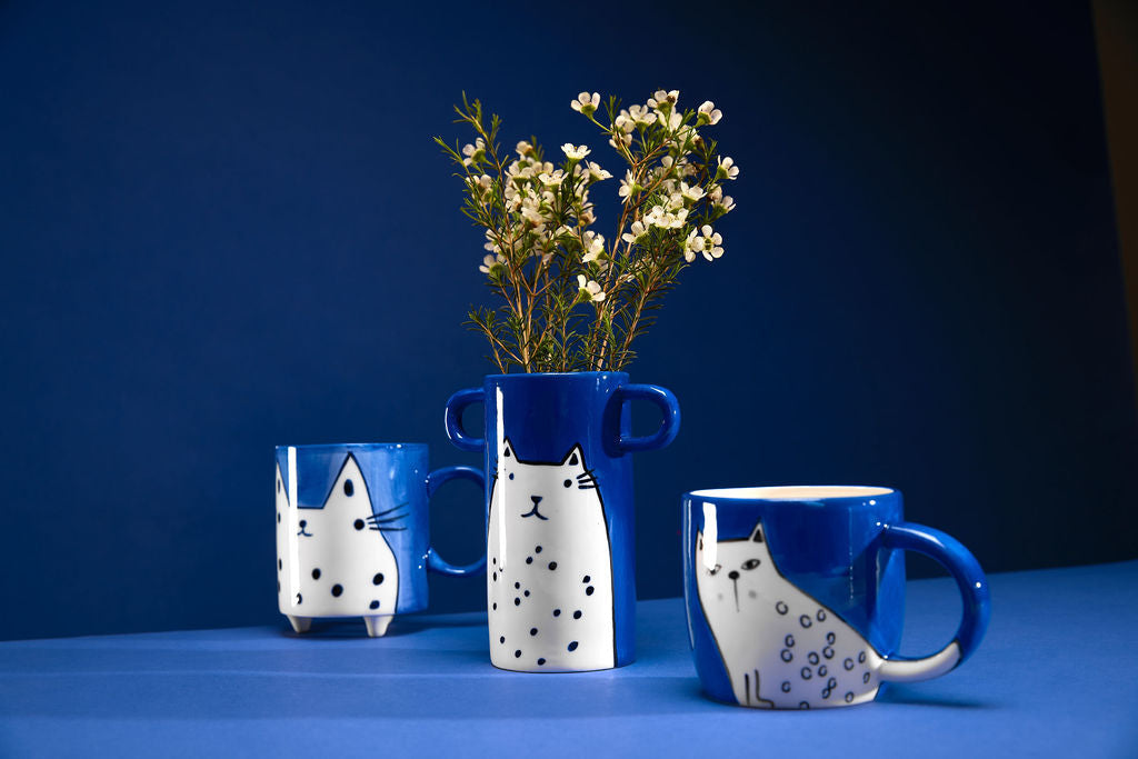 Other Lovely Things Hand painted blue mug with cat illustration
