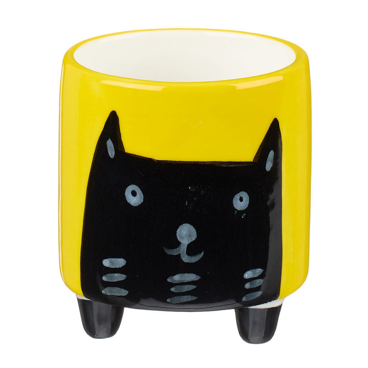 Other Lovely Things Small cermaic yellow planter with black cat illustration
