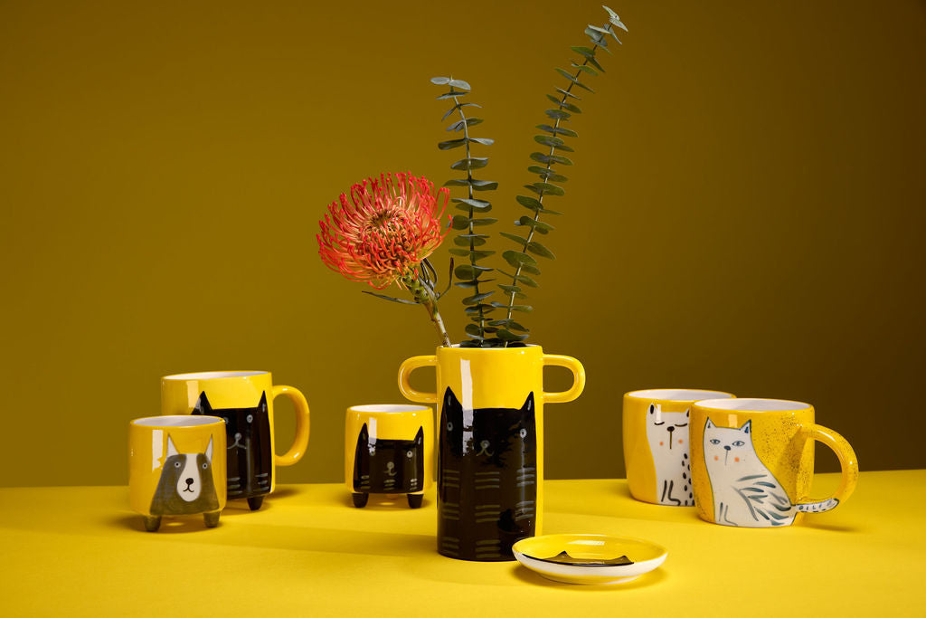 Other Lovely Things Small cermaic yellow planter with black cat illustration
