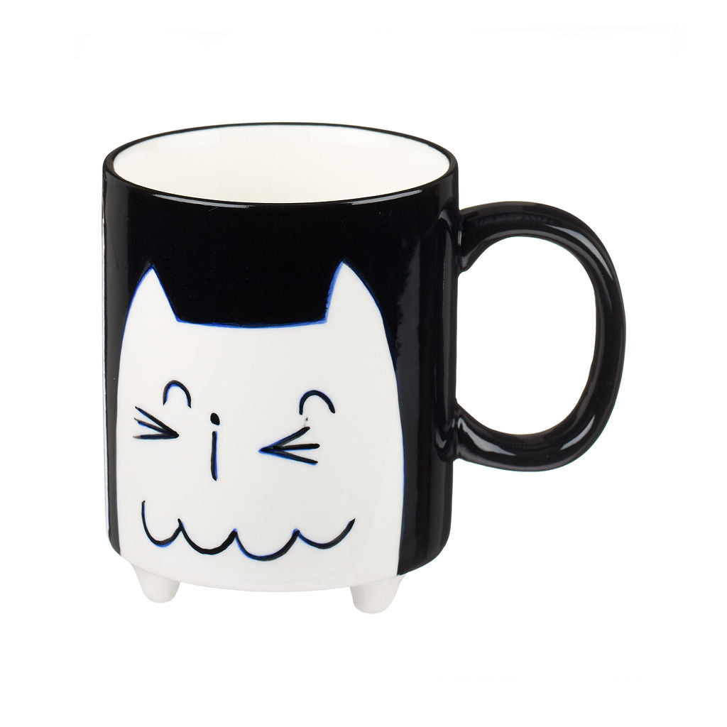 Other Lovely Things Hand painted black mug with cat illustration